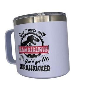 Funny Mamasaurus Insulated Coffee Mug 4" Travel Cup w Lid Mom Gift White